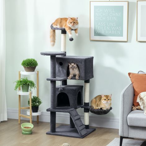 Gris foncé - Grande tour d’arbre à chat de 140 cm avec griffoirs en sisal, appartements, perchoirs moelleux, hamac, échelle