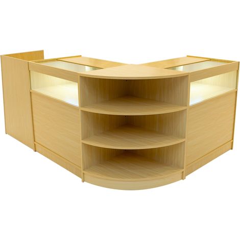 Set Mostradores Comerciales "SAGITTARIUS"   Arce  LM60 + 2xB900 + TB60 MDF y vidrio templado  Estantes y puertas corredizas con cerradura  Fácil Montaje  Mostrador Recepción Expositor Comercial Mesa