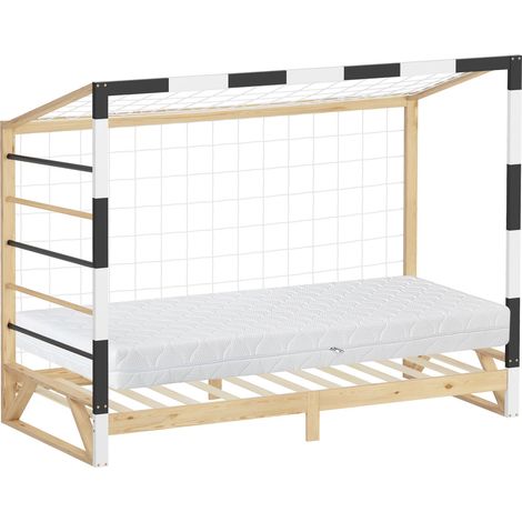 ML-Design Letto per Bambini  90x200 cm a Forma di Porta da Calcio con Materasso 16 cm, Struttura in Legno di Pino con Rete a Doghe e Scala, Letto Singolo, Lettino Basso per Ragazzi