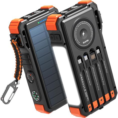 Chargeur Solaire avec Câbles Intégrés 20000mAh Batterie Externe Solaire 20W USB C Battery Pack avec Lampe Camping, Lampe Poche pour Téléphones Portables, Charge sans Fil pour Watch (1/5)