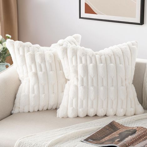 Lot de 8 Housses de Coussin Fourrure Synthétique Crème 55x55cm, Ultra Douces et Moelleuses, Déco Idéale pour Canapé et Chambre (Sans coussin) (1/5)