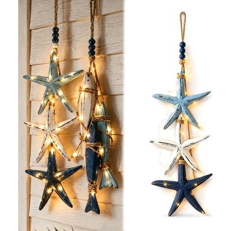 Décoration murale suspendue en bois avec LED blanc – Thème marin (étoiles de mer, poissons), idéale pour salle de bain, véranda, porte et mur. Parfaite aussi pour restaurant. (1/5)