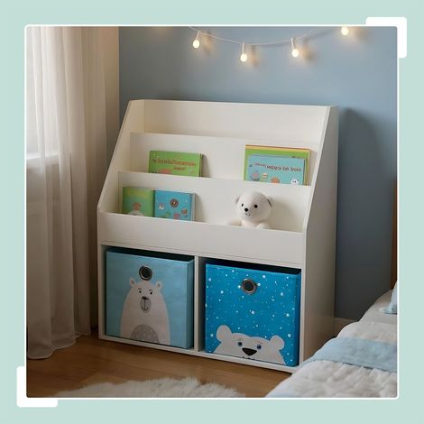 Libreria per bambini con scatole e ripiani in tessuto
