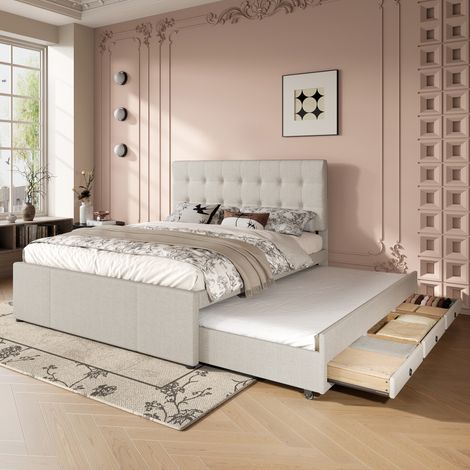 Lit capitonné 140x200cm (90x190cm), lit familial, lit avec trois tiroirs, lit gigogne, tête de lit réglable, sans matelas, beige (1/5)