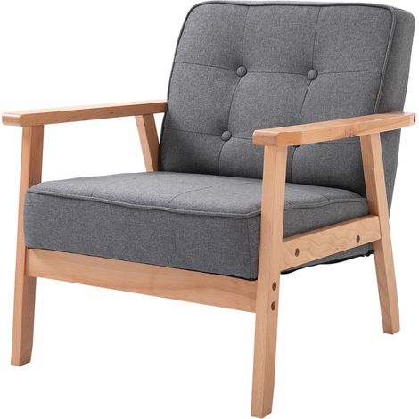 Fauteuil, fauteuil de salon, fauteuil inclinable à pieds en bois, fauteuil de lecture aspect lin, fauteuil rembourré pour chambre, gris (1/5)