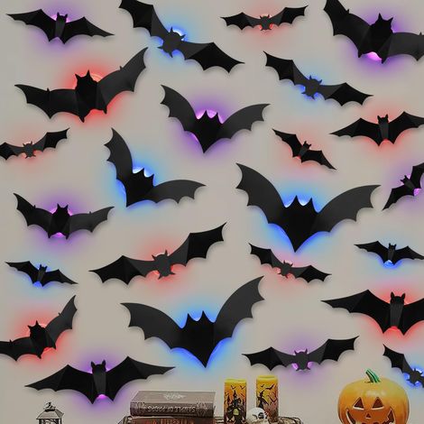 Decoration Halloween, 24 Pièces LED 3D Chauve Souris Decoration, Halloween Decoration Stickers Halloween Fenetre, Chauve Souris Stickers Muraux pour Fenêtre, Mur, Porte, Fête Déco, Intérieur (1/5)