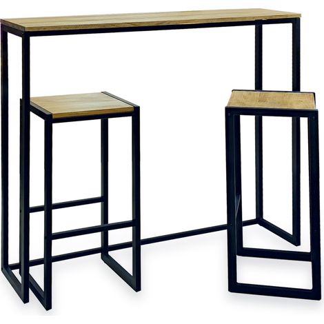 Conjunto Mesa Alta Eco-Line 118x30x110cm y 2 taburetes Negro en madera maciza de pino acabado envejecido estilo Industrial Box Furniture
