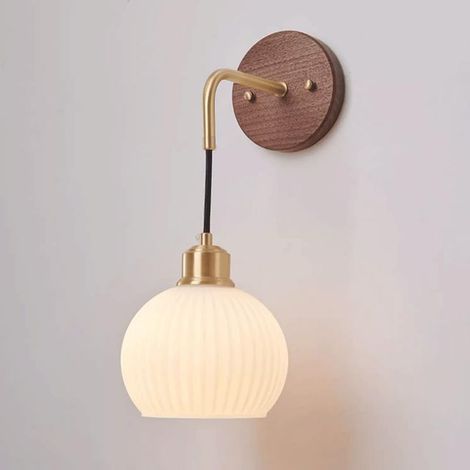 Applique Murale Verre Blanc Miroir Style Mid-Century Moderne, Luminaire Scandinave à Rayures en Bois, Éclairage de Chevet Japonais pour Salon et Chambre (1/5)