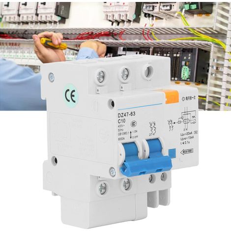 Disjoncteur miniature DZ47LE-63 C10 2P 400 V 10 A, montage sur rail DIN, pouvoir de coupure 6000 A (1/5)
