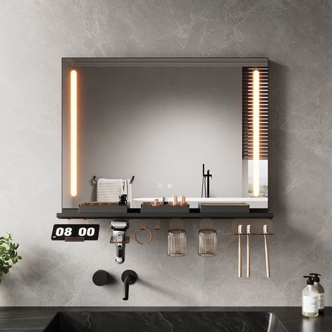 SIRHONA Anti-Fog Mirror lumineux de salle de bain with avec support de rangement, réglable en 3 couleurs, élégant et fonctionnel, 80x60cm (1/5)