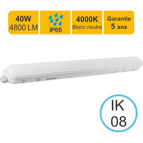 Réglette LED étanche 1200mm 40W 4800 LM 4000K IP65 - traversant - garantie 5 ans