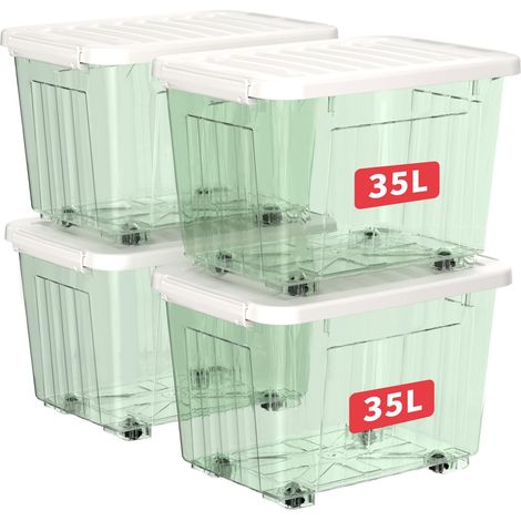 35L4 Boîtes de Rangement avec Couvercles, Boîte de Rangement en Plastique avec Clips et Roulettes, Empilables, Encastrables, pour Placard de Bureau à Domicile, Vert Transparent, 35L, Lot de 4 (1/5)