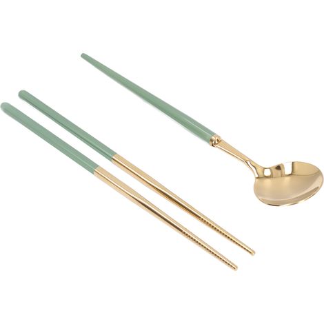 Edelstahl-Besteckset, wiederverwendbares Besteckset, Aufbewahrungsbox für Studentenbesteck, Reisebesteck, Gabel, Löffel, Essstäbchen, Grün/Gold
