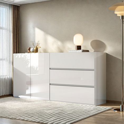 Commode Blanche, Sideboard Buffet Brillant avec 2 Portes et 3 Tiroirs, Meuble de Rangement avec LED Réglable, Meuble Polyvalent pour Le Salon et La Chambre à Coucher (81 x 140 x 39 cm) (1/5)