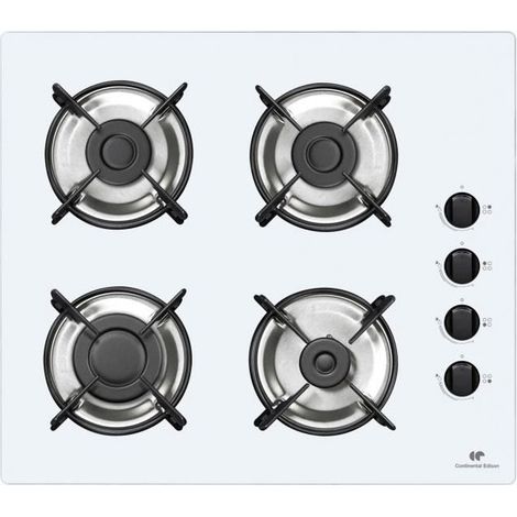 Continental Edison – Table de cuisson gaz 4 foyers – Brûleurs gaz sur verre blanc – Allumage électronique – Dimensions 59,4 x 52,3 x 4,4 cm