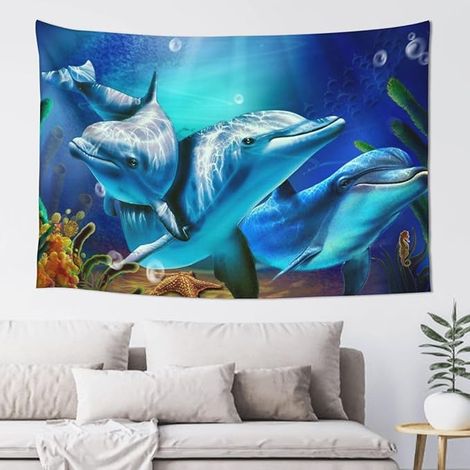BEBUSINGOTO Blauer Wandteppich mit Cartoon-Delfin, dekorativer Wandteppich, geeignet für Schlafzimmer, Wohnzimmer, Schlafsaal, Heimdekoration, 150 x 130 cm