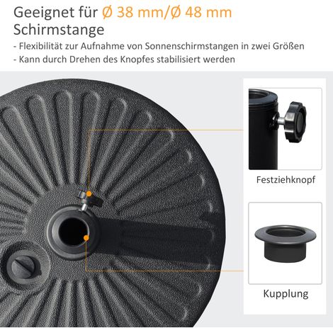Pied de parasol Outsunny 22 kg, base ronde pour parapluie, lest pour ombrière, compatible mâts 38/48 mm, balcon, terrasse, jardin, noir (1/4)