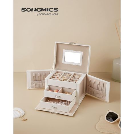 SONGMICS Caja Joyero de 3 Niveles, Caja para Joyas con Asa, 2 Cajones, Espejo, Cerradura, para Viajar, Estilo Moderno, Regalo para Seres Queridos, Blanco Clásico (1/5)