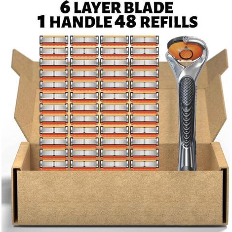 Rasoir manuel à 5 lames — Rasoir pour hommes de style classique avec tête pivotante(1 manche de rasoir + 48 cartouches de lames orange et noires + étui)