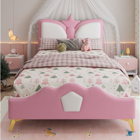 Lit enfant tapissé 90/200 cm rose et blanc en PU à tête couronne (1/5)