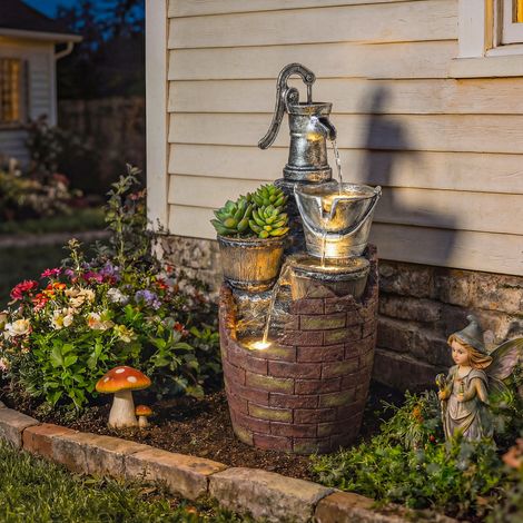Fontaine de jardin rustique à 4 niveaux avec éclairage LED, pot de fleurs, pompe, réglable 34 x 31 x 76 cm