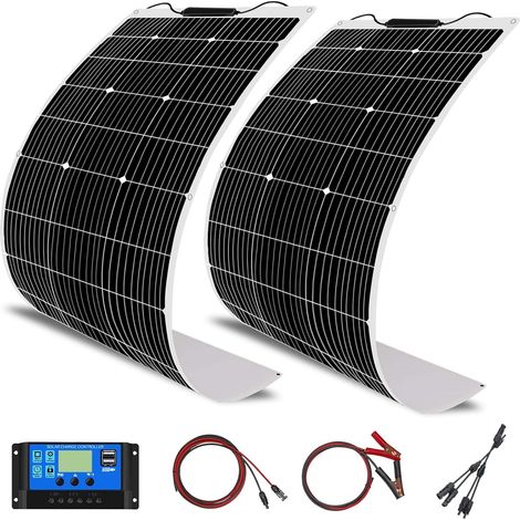 Kit de panneaux solaires flexibles 200W 2 100W 12V Contrôleur de panneaux photovoltaïques à cristaux Monokristallines 20a, pour batteries de charge 12V - RV, Caravane, Bateaux, Toits. (1/5)