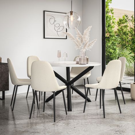 Malvern Round Dining Table And Chairs - Marble Table Top w Solid Oak Black Legs + Maya Boucle Dining Chair Set Of 6 (Ivory White) (1/5)