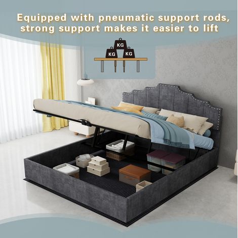 Lit coffre 160/200 cm gris en tissu et métal avec matelas inclus (1/5)