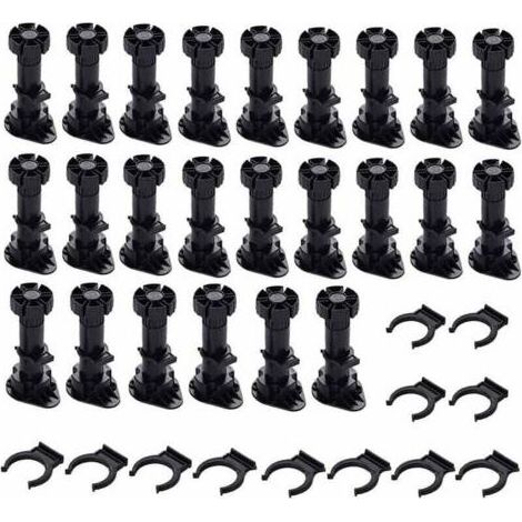 24 Pièces Pieds D'Armoire Plastique,Pied de Meuble,Pied Réglable pour Meuble,Noir Pieds de Meuble Plastique avec Clip Fixation Base pour Meubles de Cuisine,Armoire et Canapé (60mm-8mm) (1/4)