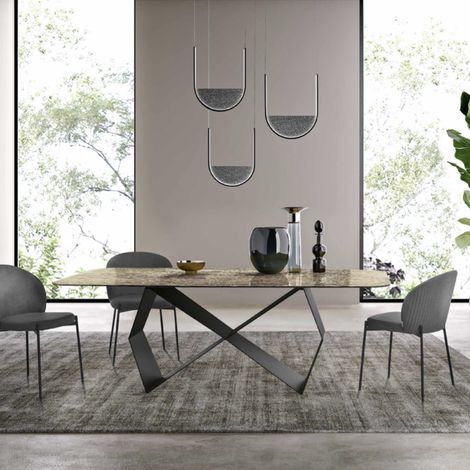 Tavolo fisso 210 cm KARL con base metallo Nero e piano vetro martellato Bronzo (1/5)
