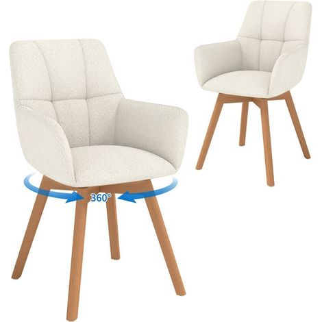 WAFTING Lot de 2 Chaises de Salle à Manger Pivotantes avec Accoudoirs, Pieds en Bois, Dossier en Fausse Laine d’Agneau, Blanc