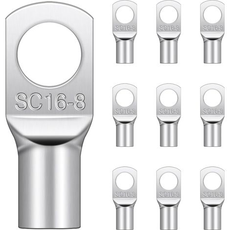 Lot de 10 cosses tubulaires M8 - 16 mm² - Cosses à anneau SC non isolées - En cuivre étamé - Pour câbles de batterie - Boîtes de distribution de voiture