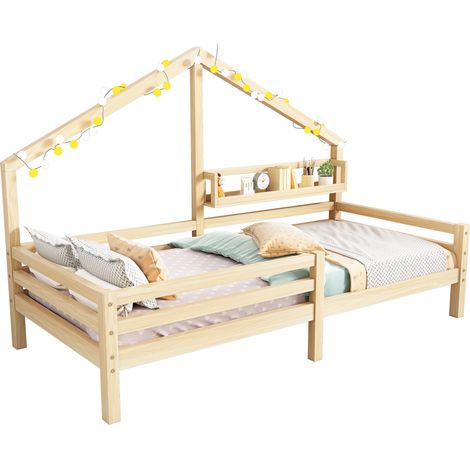 Lit enfant cabane en pin naturel 90x200 cm avec étagère arrière, barrière de sécurité et sommier à lattes inclus (1/5)