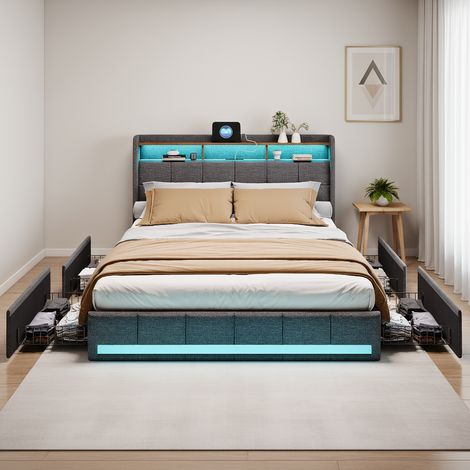 Polsterbett 140x190 cm, Doppelbett mit LED-Beleuchtung und USB, Modernes Jugendbett, Bettgestell mit Kopfteil und Lattenrost, Leinen Grau, Ohne Matratze