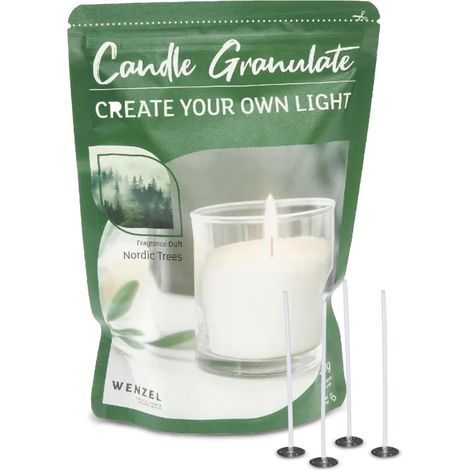 Sable de bougie pour sapin de Noël parfumé, granulé, 400 g, cire de paraffine blanche, pour bougies de bricolage, avec 4 mèches et porte-mèches, cire, idéal pour plusieurs bougies (1/5)