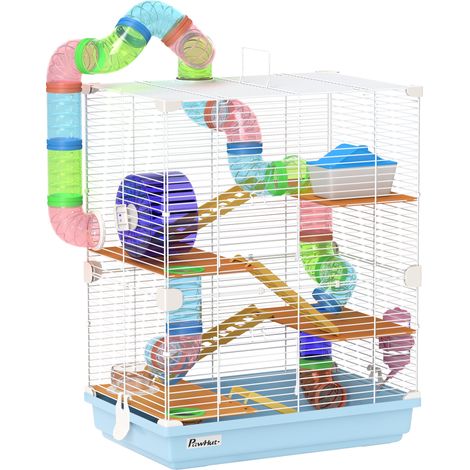 Gabbia criceto 5 livelli con tubi, ruota, scale, cuccia, beverino, metallo, PP e PS, 46x30x58 cm