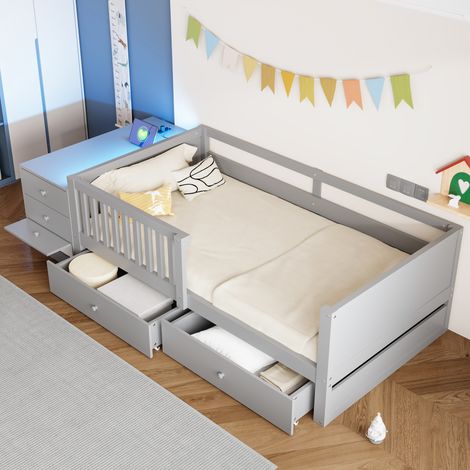 Lit banquette enfant mi-hauteur 90x200cm - rangement séparé bureau led prise - boismdf - gris (1/5)