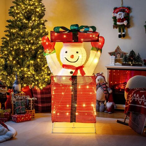 COSTWAY Pupazzo di Neve Illuminato in Confezione Regalo 115 cm, Decorazione Natalizia con Pupazzo di Neve Pop-Up, 100 Luci a LED, per Interno ed Esterno, Scatola Regalo 3D per Festa, Casa e Giardino (1/5)