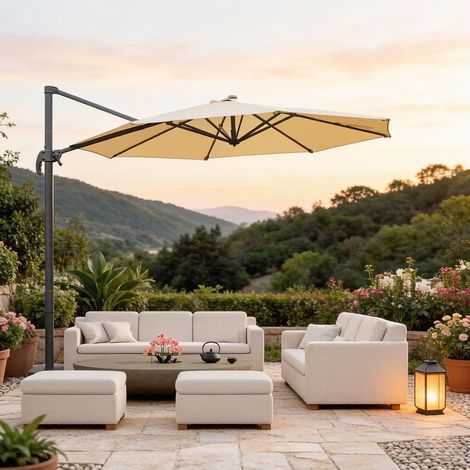 Parasol déporté beige octogonal Ø2,95m inclinable 5 positions rotation 360° à manivelle, structure alu acier époxy anticorrosion pour jardin terrasse piscine – (Pied de parasol non inclus) (1/5)