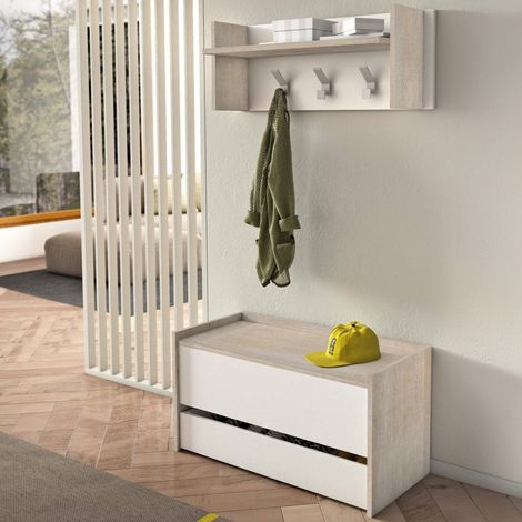 Dmora - Mueble de entrada Brionia, Recibidor moderno con perchero, Mueble con zapatero, Armario multifunción, Cm 50x32h182, Roble y Blanco, con embalaje reforzado (1/5)