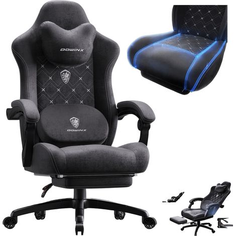 Fauteuil gaming ergonomique massant noir chauffant, inclinable 90-135°, coussin lombaire, ressorts ensachés (1/5)