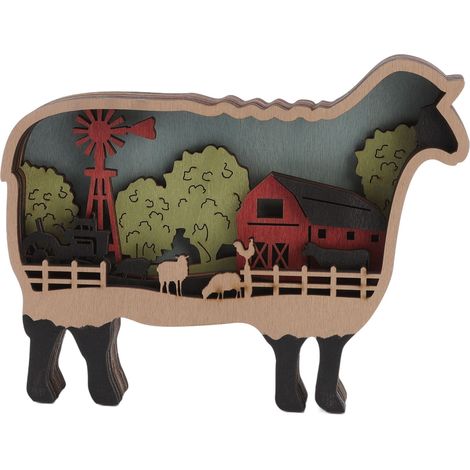 Ornement animal en bois, sculpture sur bois multicouche, découpes artisanales pour décoration murale, mouton avec lampe à piles (1/5)