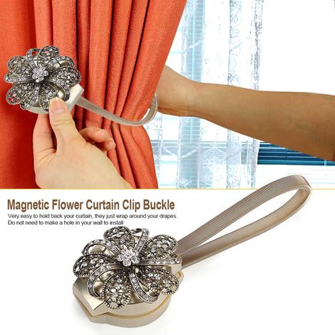 Rideau à fleurs aimanté rétractable, pince ceinture porte-courroie, fixation accessoire maison, finition bronze, lot de 2 (1/3)