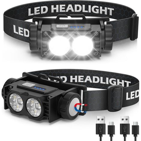 Lampe Frontale 2 Pièces,Lampe Frontale LED Ultra Puissante 2000 Lumens,Torche Frontale 3 Modes IPX5 Étanche Rechargeable USB,Pour Pêche,Camping,Cyclisme,Running (Noir) (1/5)