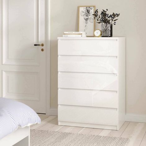 Dmora Cajonera con cinco cajones, color blanco brillo, Medidas 77 x 113 x 50 cm, con embalaje reforzado (1/5)