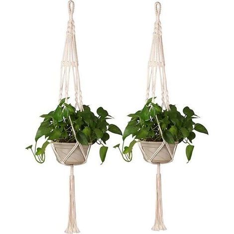 Set of 2 macrame plant hangers for garden decor.