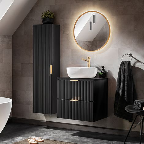Mobiletto singolo da 60 cm con specchio LED e piedistallo Adriel in nero