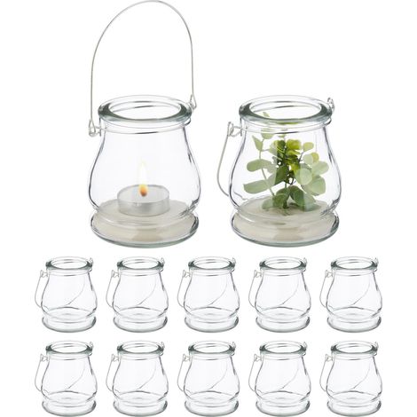 Lot de 12 photophores, lanternes, Anse métallique, intérieur et extérieur, HxD: 10x8,5 cm, Transparent/argenté (1/5)