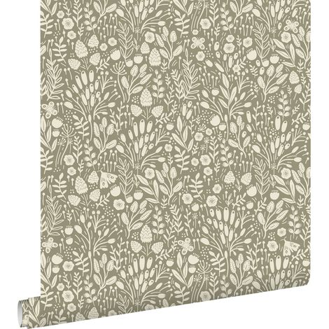 papier peint fleurs vert olive clair - ESTAhome (1/5)