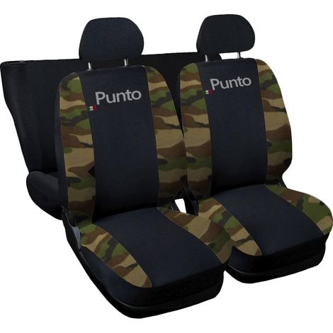 Lupex shop - Coprisedili Auto Compatibili per Punto, Made In Italy, anteriori e posteriori con copri poggiatesta incluso, tessuto poliestere, colore - Nero\Mimetico classico
